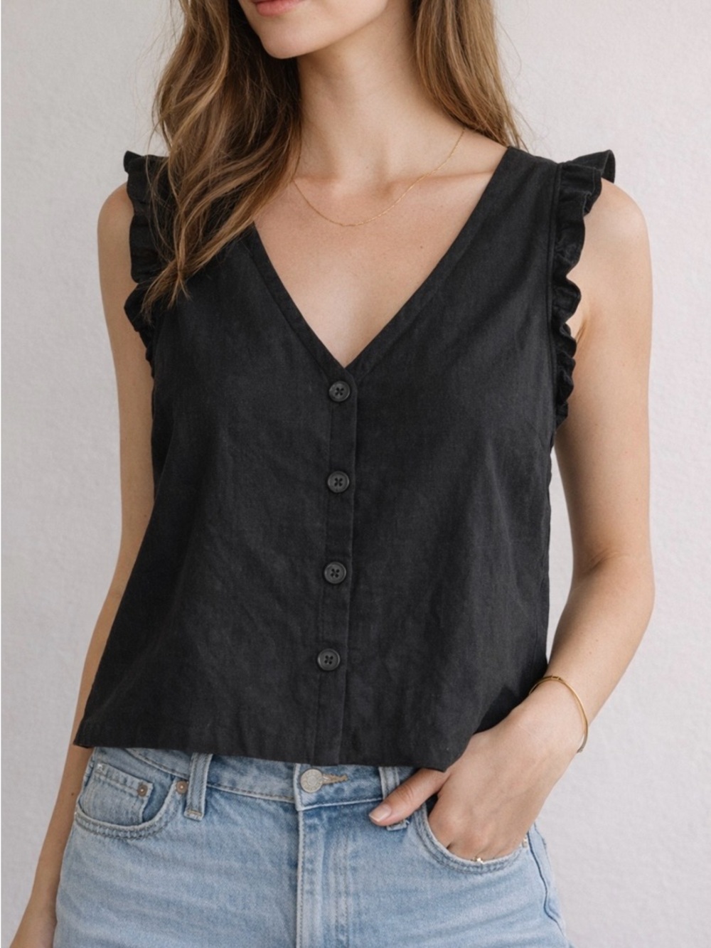 Madewell Black Linen Blend Top Ruffle Sleeve Button Front V Neck Size 6 S